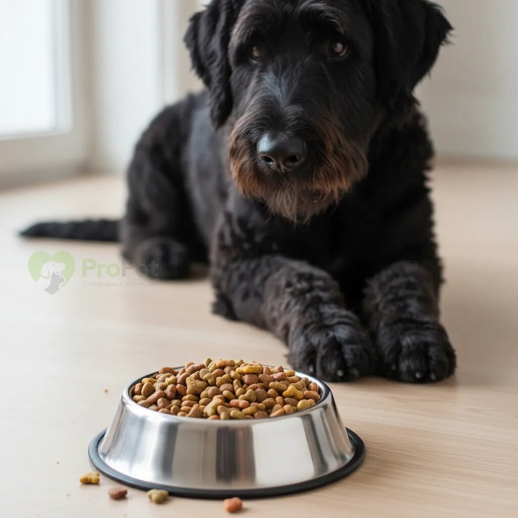 Миска с полнорационным сухим кормом для собак, на заднем фоне Русский черный терьер