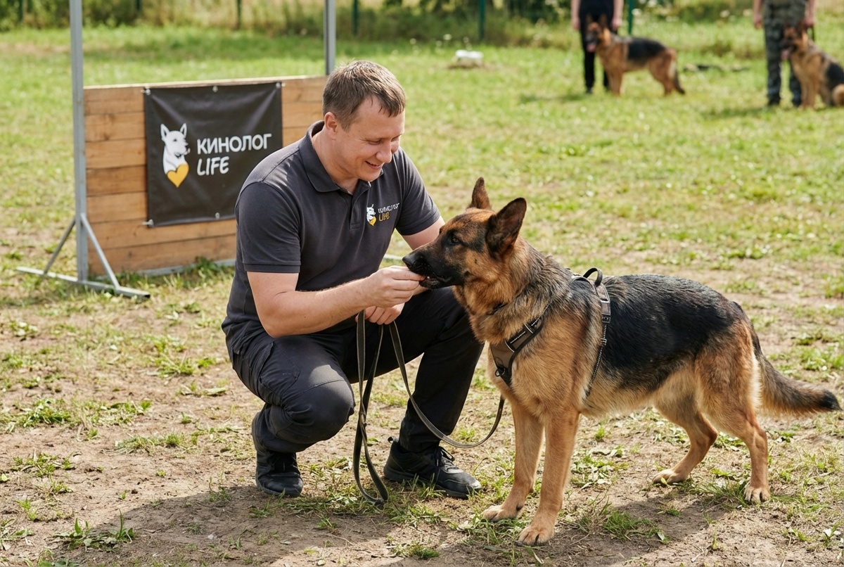 Специалист по поведению собак на консультации с владельцем и питомцем