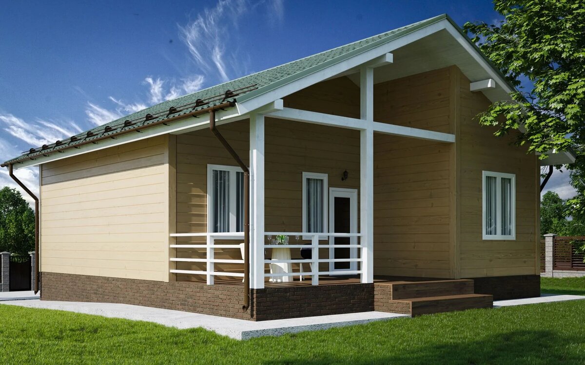 Одноэтажный каркасный дом в скандинавском стиле. 10х9 м S. Жилая 66.7 кв.м, терраса S  15кв.м.
1 этаж 3 спальных команты, кухня/гостинная, санузловая зона.