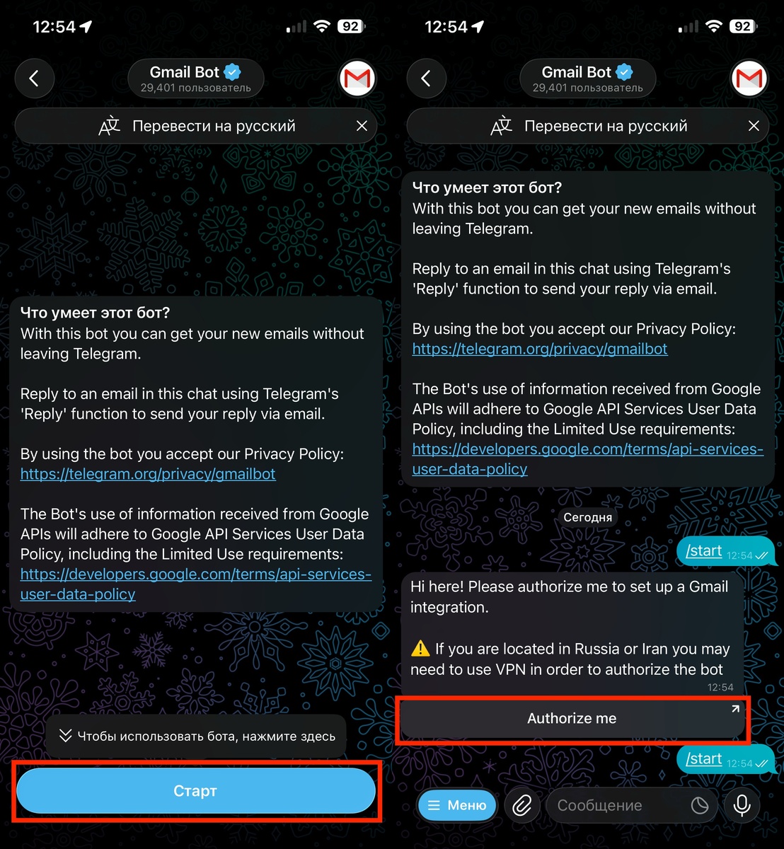     Запустите бота и перейдите на страницу авторизации