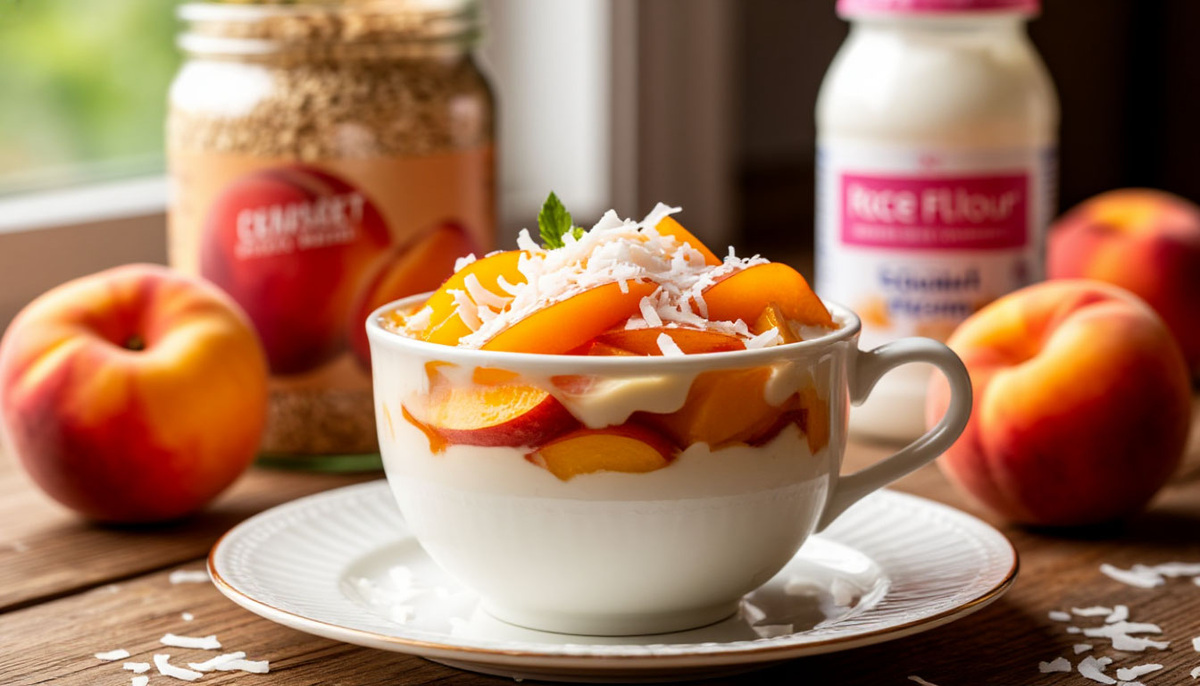 🍮 Тайский кокосовый десерт по-ростовски: вместо кокосового молока — сливки, вместо манго — персики из банки.