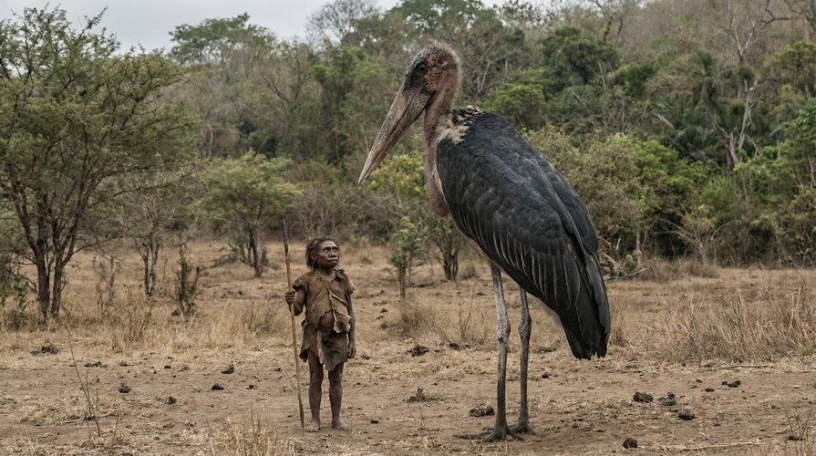 Сравнение габаритов: человек флоресский и вымерший гигантский аист Leptoptilos robustus (L. robustus), обитавший на острове Флорес в плейстоцене.