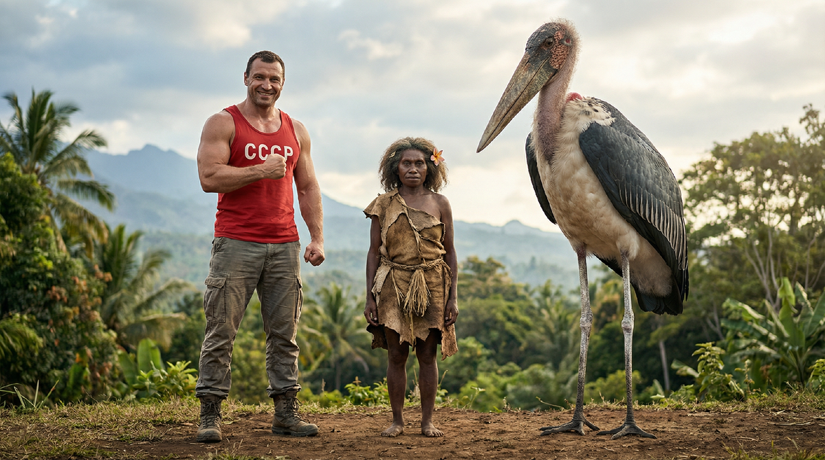 Иллюстрация с пропорциями слева направо: современный человек, человек флоресский и местный аист, который жил в одно время с хоббитами