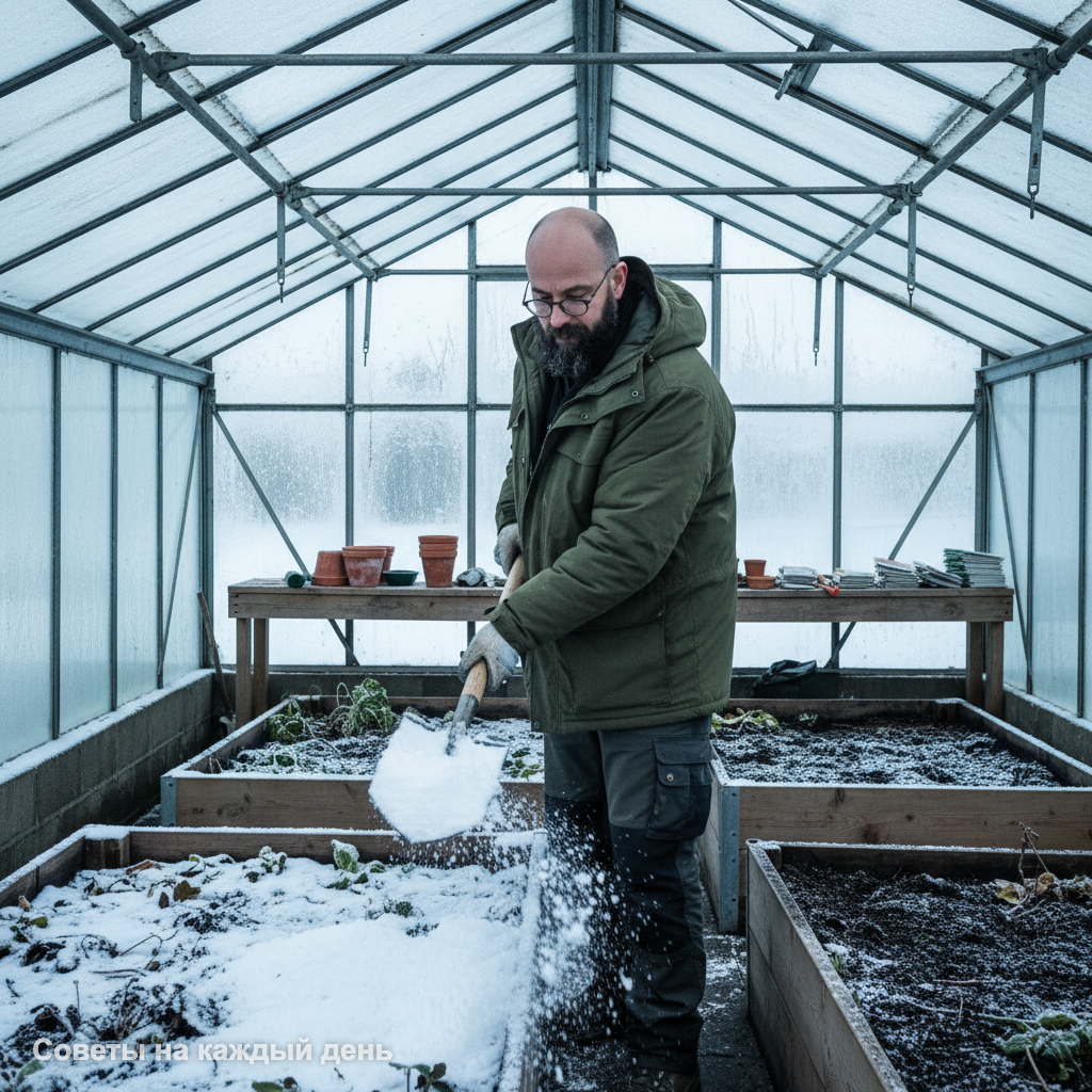 Равномерное распределение снега по грядкам - залог глубокого увлажнения почвы весной.