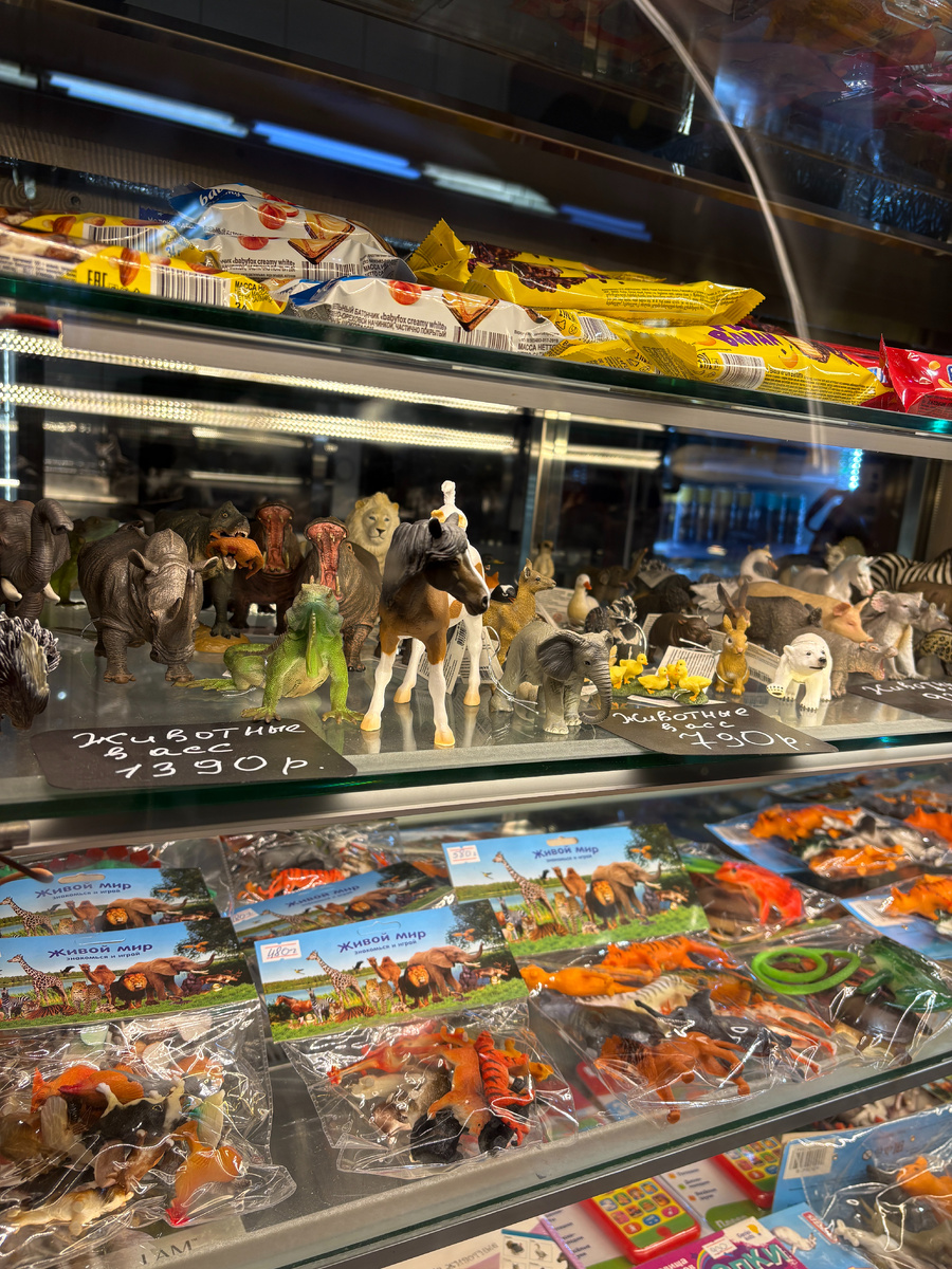 В одной из витрин вместо еды лежат игрушки. Пластиковые поштучно и наборами, мягкие и заводные. Предлагаются раскраски и настольные игры со зверюшками. Качество нормальное, дети такое любят, тематика заведения соблюдается - класс!