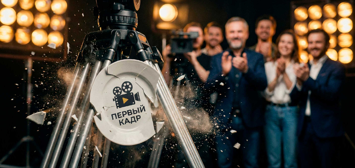 Ритуал разбития тарелки на киносъемках. Команда продакшна, режиссер, оператор, актеры после первого дубля