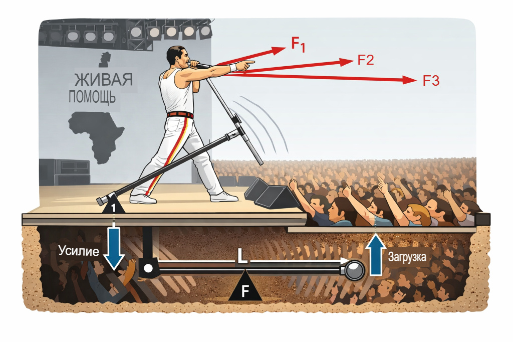 Кадр в разрезе. Схематичное изображение Меркьюри на сцене «Live Aid» с векторами сил, исходящих от его позы и жестов к зрительному залу. Микрофон-стойка показана как рычаг с точкой опоры