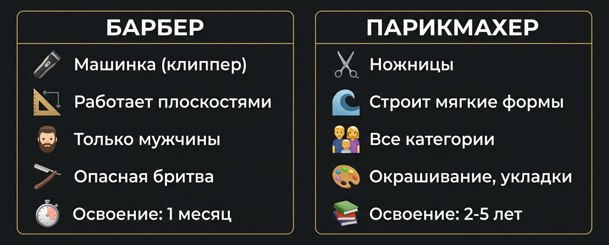 Барбер – скульптор, парикмахер – архитектор. Разный инструмент – разная философия.