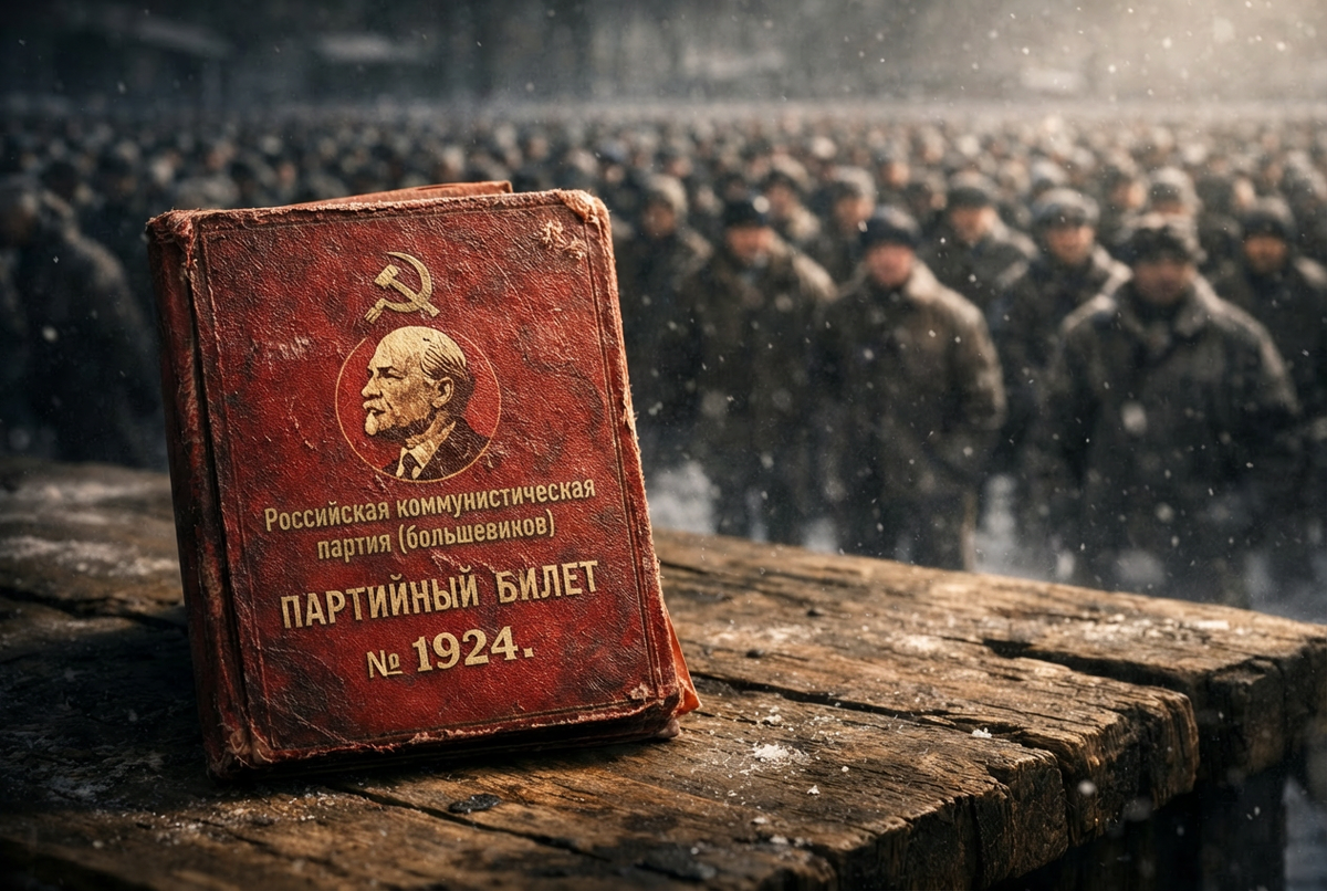 Партбилет образца 1924 года на фоне толпы рабочих