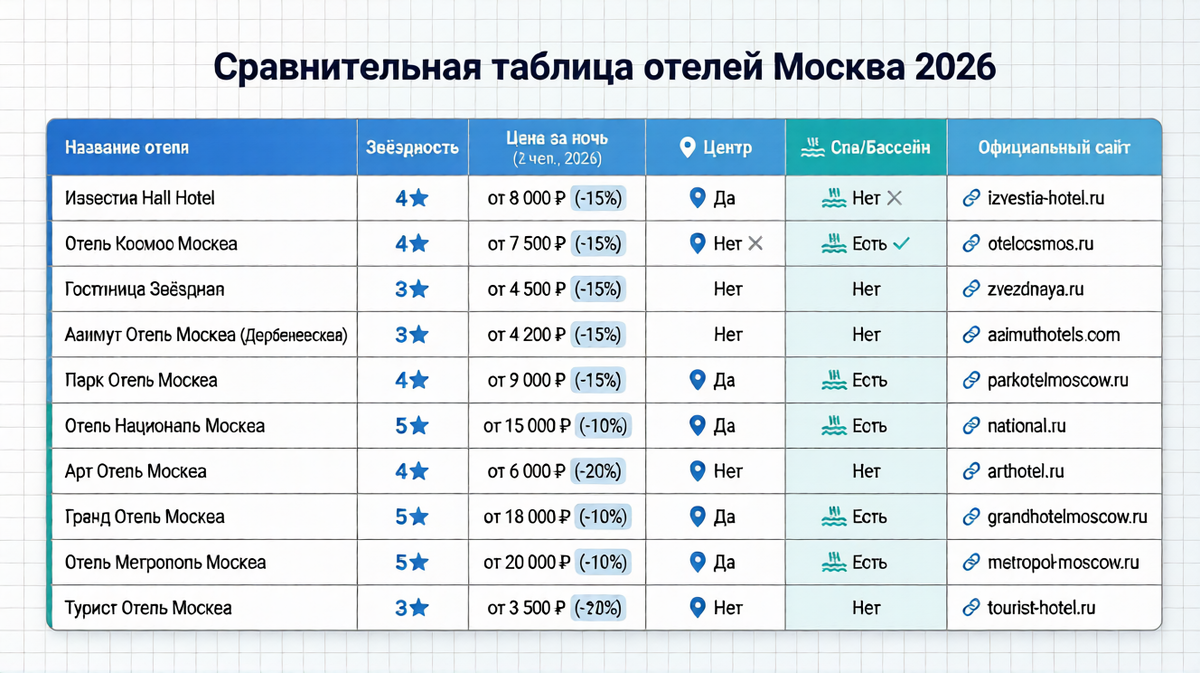Сравнительная таблица отелей Москва 2026: Космос, Звезда, Азимут, Москва Сити с ценами, звёздами и локациями