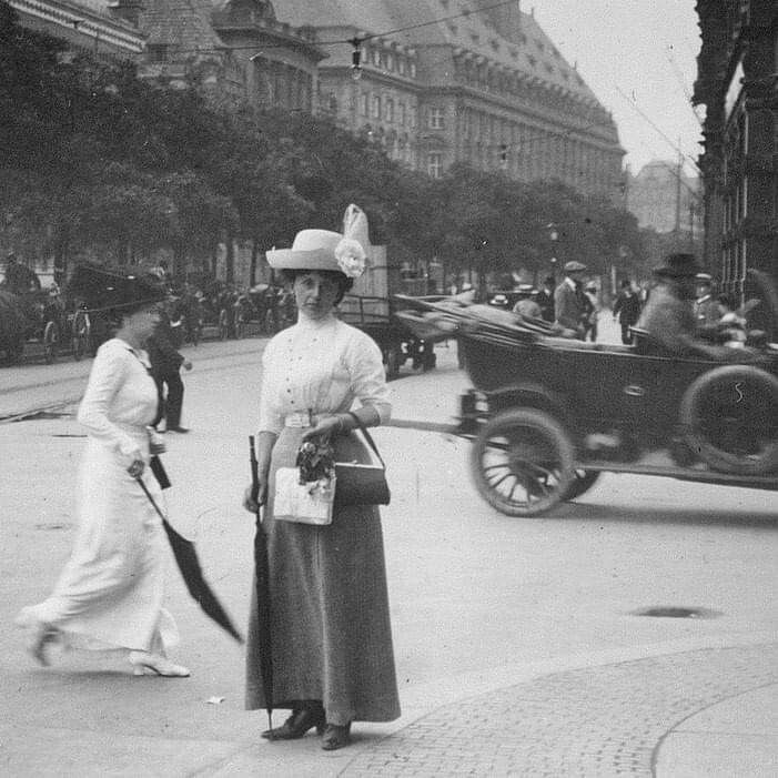 Young lady posing in the centre of Dresden, Germany, 1913