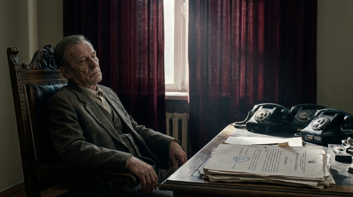  Пожилой директор советского завода сидит за массивным столом в пустом кабинете