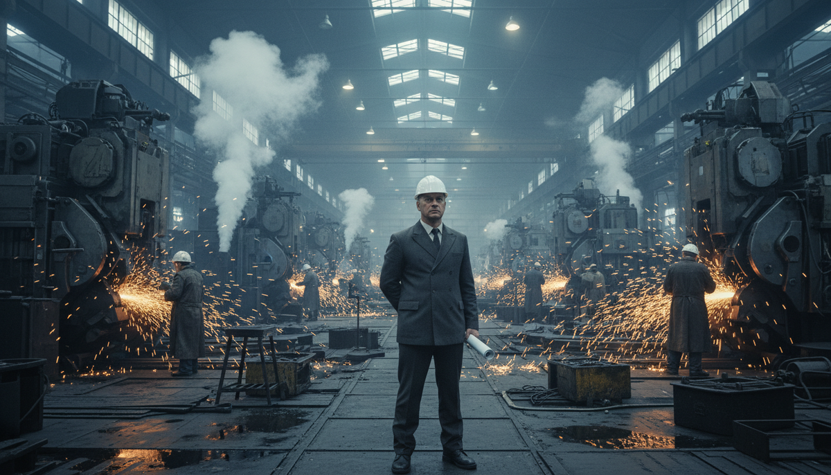 Масштабный цех советского завода, директор идет вдоль огромных станков