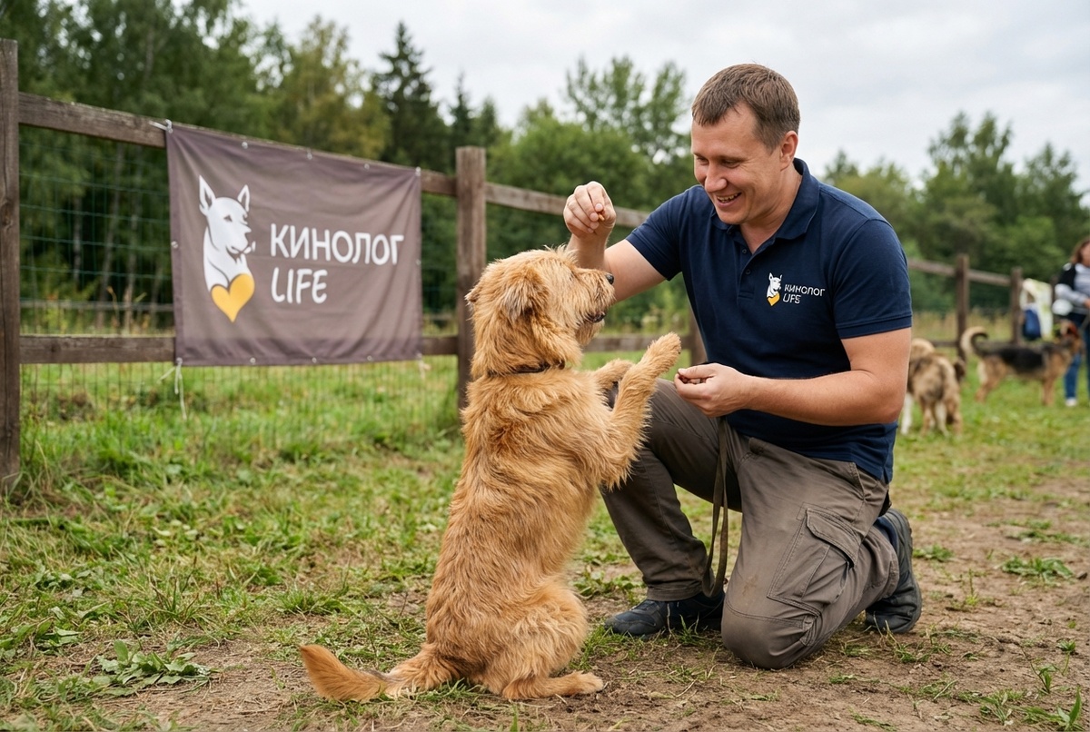 Трюковая дрессировка собак — хозяин обучает собаку трюку с лакомством