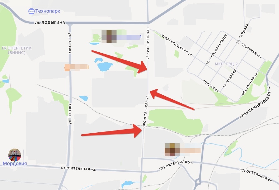 Стрелками показан новый участок Пролетарской.