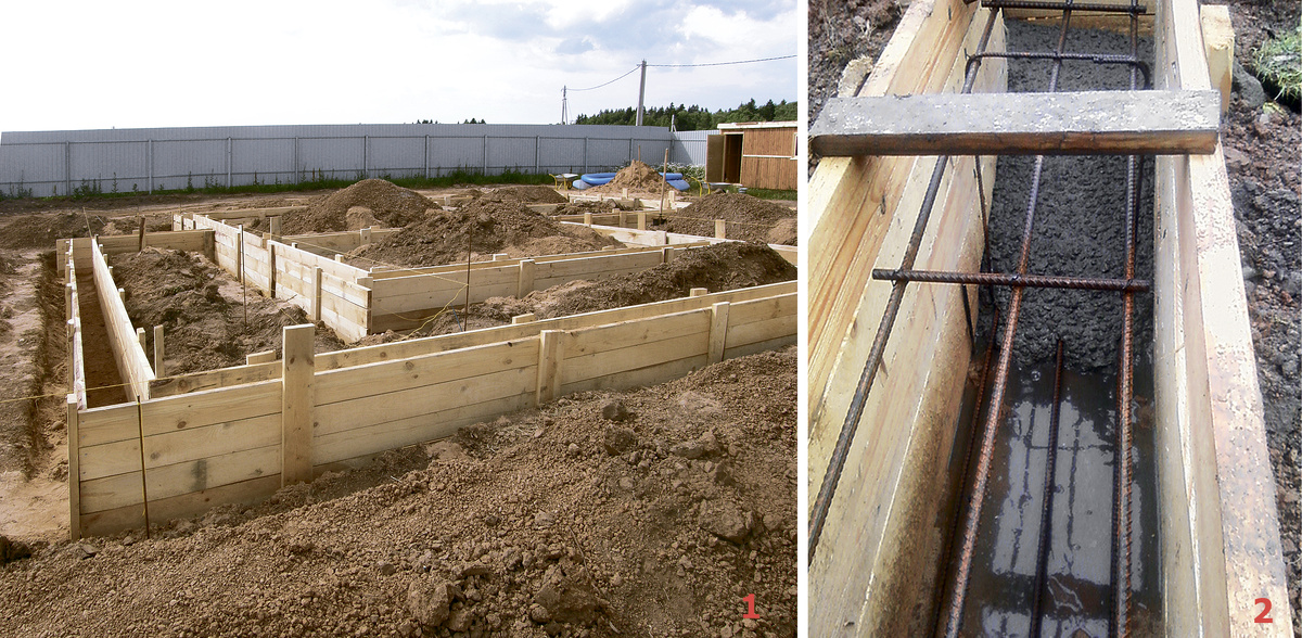 1, 2. Для устройства мелкозаглублённого ленточного фундамента вырыли траншеи глубиной 500 мм. Их дно засыпали песком (слоем 200 мм), который разровняли и утрамбовали. Поверх уложили гидроизоляцию из полипропилена. Затем из обрезных досок соорудили опалубку для лент шириной 300 мм (1), установили в неё каркас из арматуры диаметром 10 мм и залили бетон М300 (2)