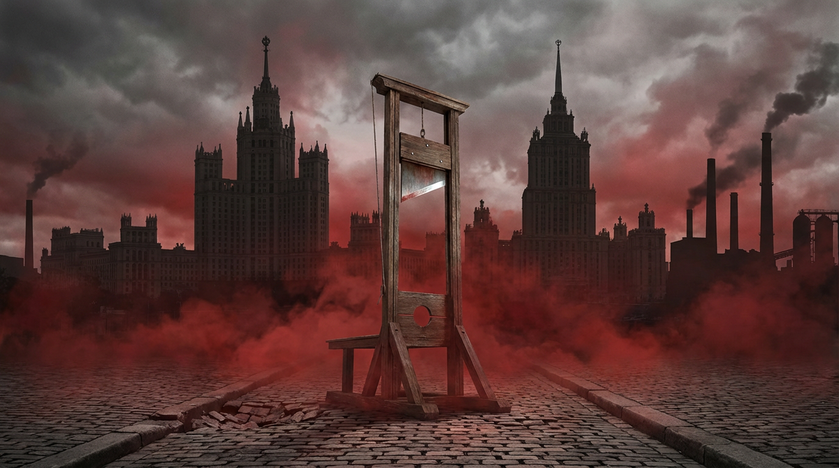 Метафорическое изображение. Гильотина, стоящая в тумане, но на фоне силуэтов сталинских высоток и заводов