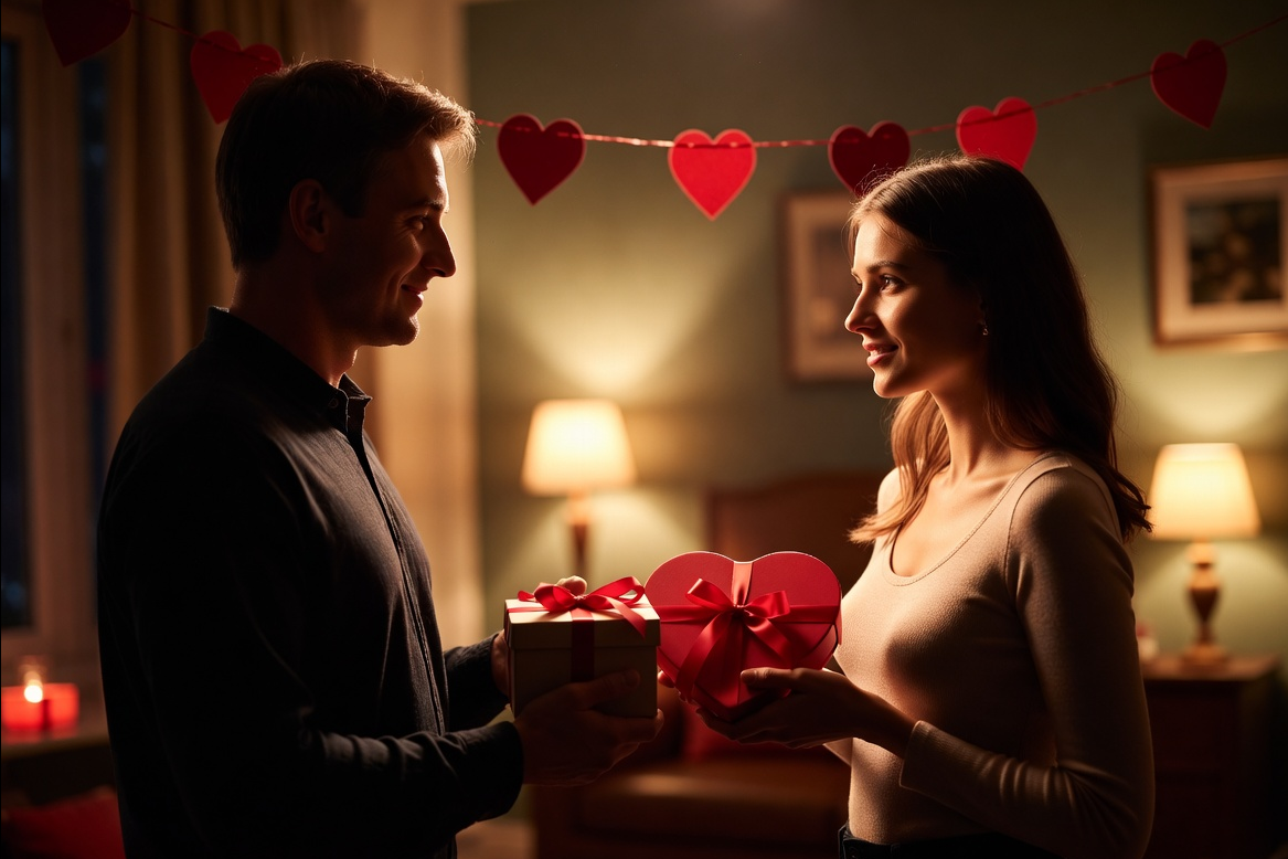 Влюбленные дарят друг другу презенты любви в праздник.