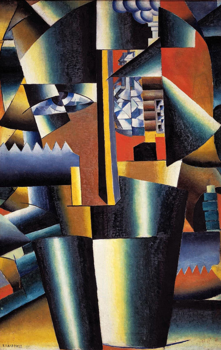 Портрет Ивана Васильевича Клюна (Усовершенствованный портрет Клюна (Строитель)
1913 — один из наиболее устойчивых мотивов в творчестве Малевича. Фронтальное изображение мужского лица – «Крестьянина», «Строителя», «Православного» (по определениям, принадлежащим самому художнику) – традиционно связывается с обликом одного из его ближайших друзей и последователей, художника Ивана Васильевича Клюнкова (Виртуальный русский музей)