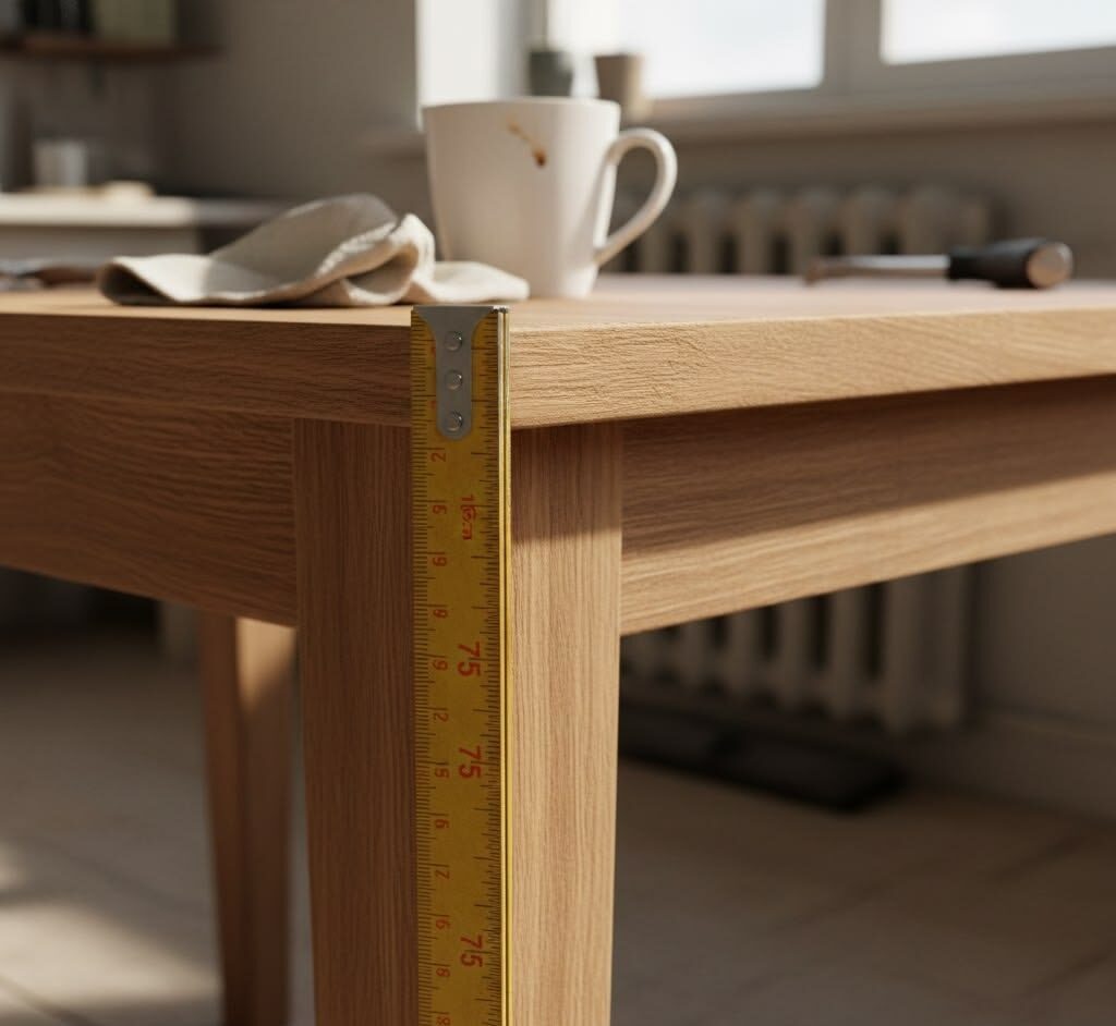 Стандартная высота 75 см — залог комфортной посадки, а соблюдение ширины столешницы от 70 см обеспечит достаточно места для всей семьи.  📷
