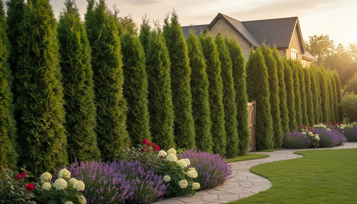 Живая изгородь из туи Брабант создает приватность, но не превращает участок в тюремный дворик.