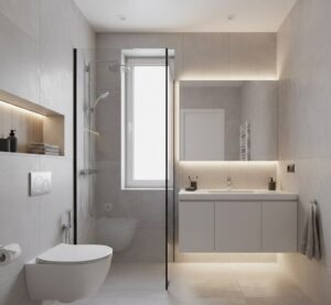    Продуманное использование каждого сантиметра и светлая цветовая гамма позволяют сделать даже ванную площадью 3 кв. м комфортной и современной.