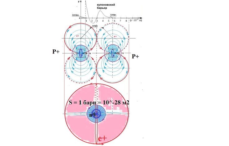 Рис. 1. Площадь S = 1 барн = 10^-28 м2, это площадь «омываемая» кольцом позитрона е+, с «классическим радиусом электрона» R = 2,82х10^-15 м2, при вращении в круг оси протонного р+ нуклона n0, при взгляде в фас на нуклон n0 протона.