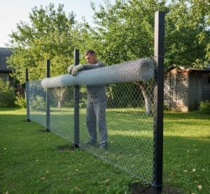    Процесс натяжения сетки рабицы между металлическими столбами при установке забора на даче.