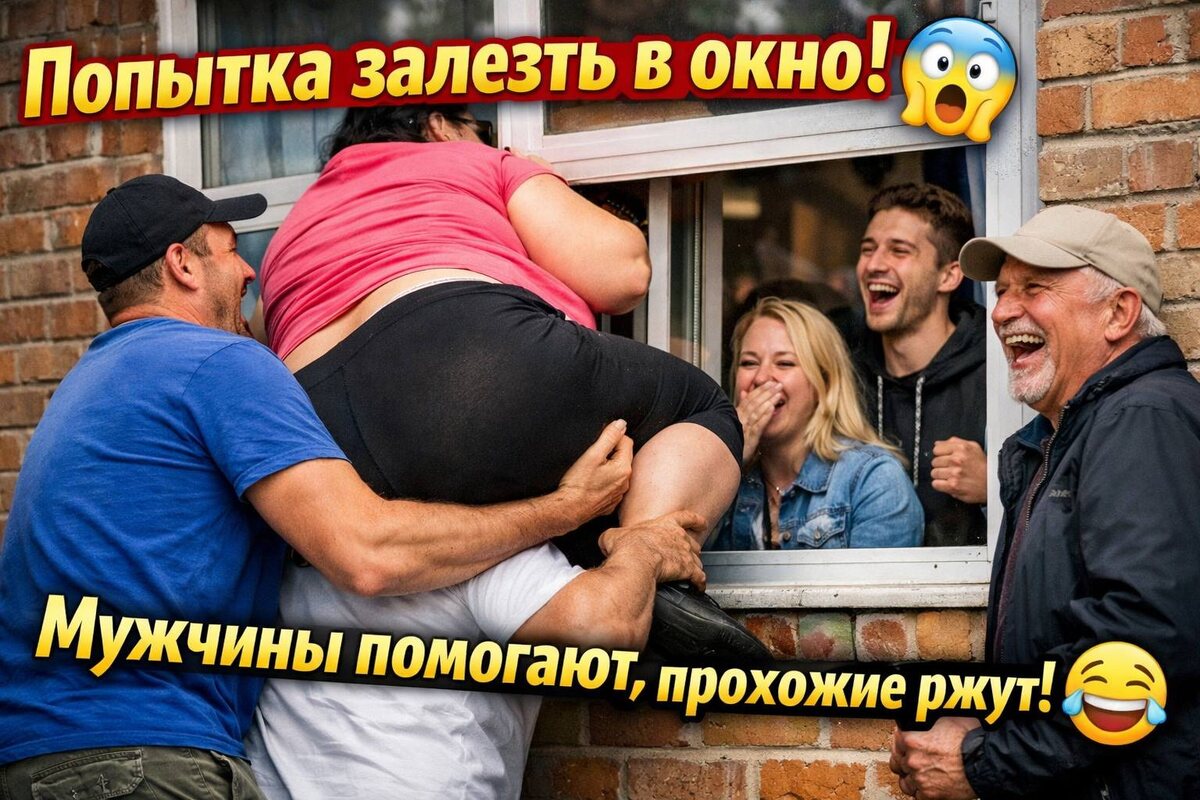 Женщина просит помощи, чтобы залезть в окно 😳 Мужчины в шоке, прохожие в истерике 🤣