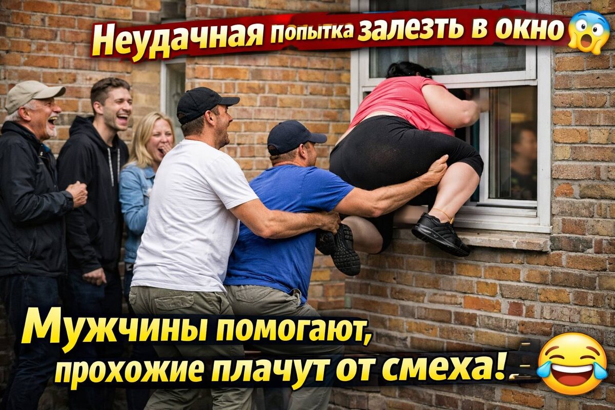 Женщина просит помощи, чтобы залезть в окно 😳 Мужчины в шоке, прохожие в истерике 🤣
