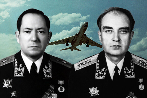 Командующий 4-й флотилией подводных лодок ТОФ, вице-адмирал Виктор Григорьевич Белашев и Командующий Тихоокеанским флотом, адмирал Эмиль Николаевич Спиридонов на фоне самолета Ту-104 (коллаж) / РИА Новости/ТАСС 