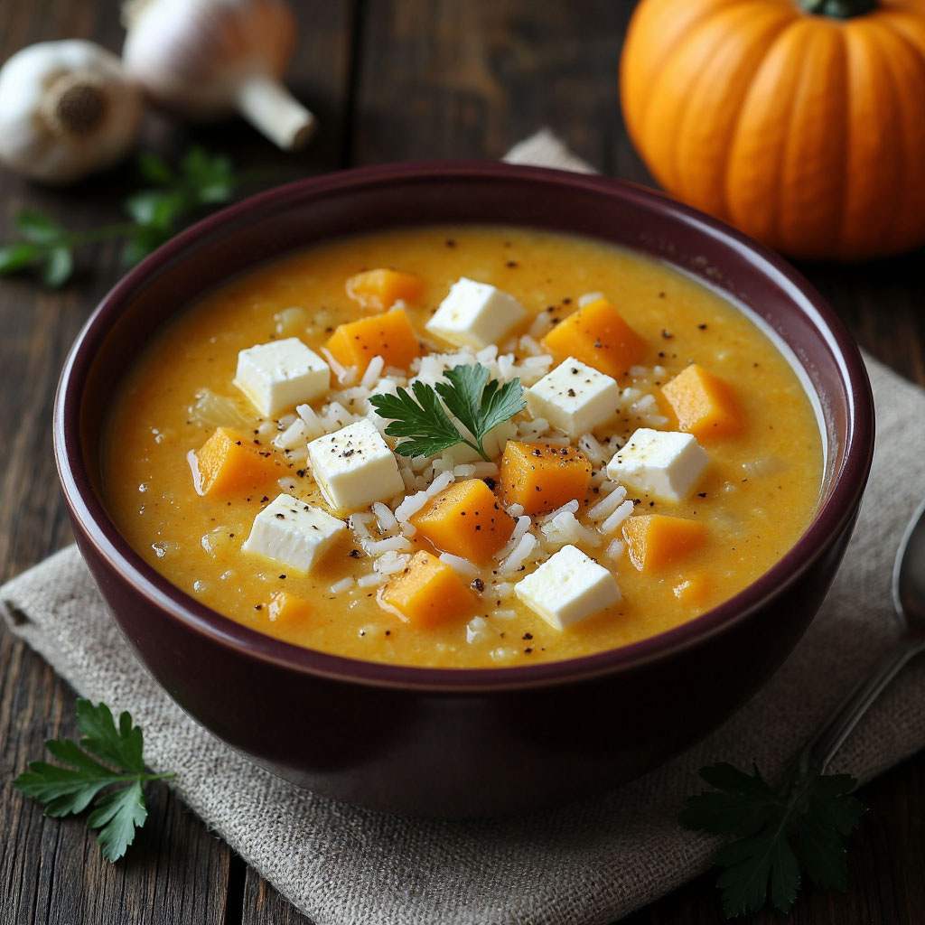 Ароматный суп с тыквой, рисом и фетой на курином бульоне: согревающий рецепт для уютного обеда 🍲