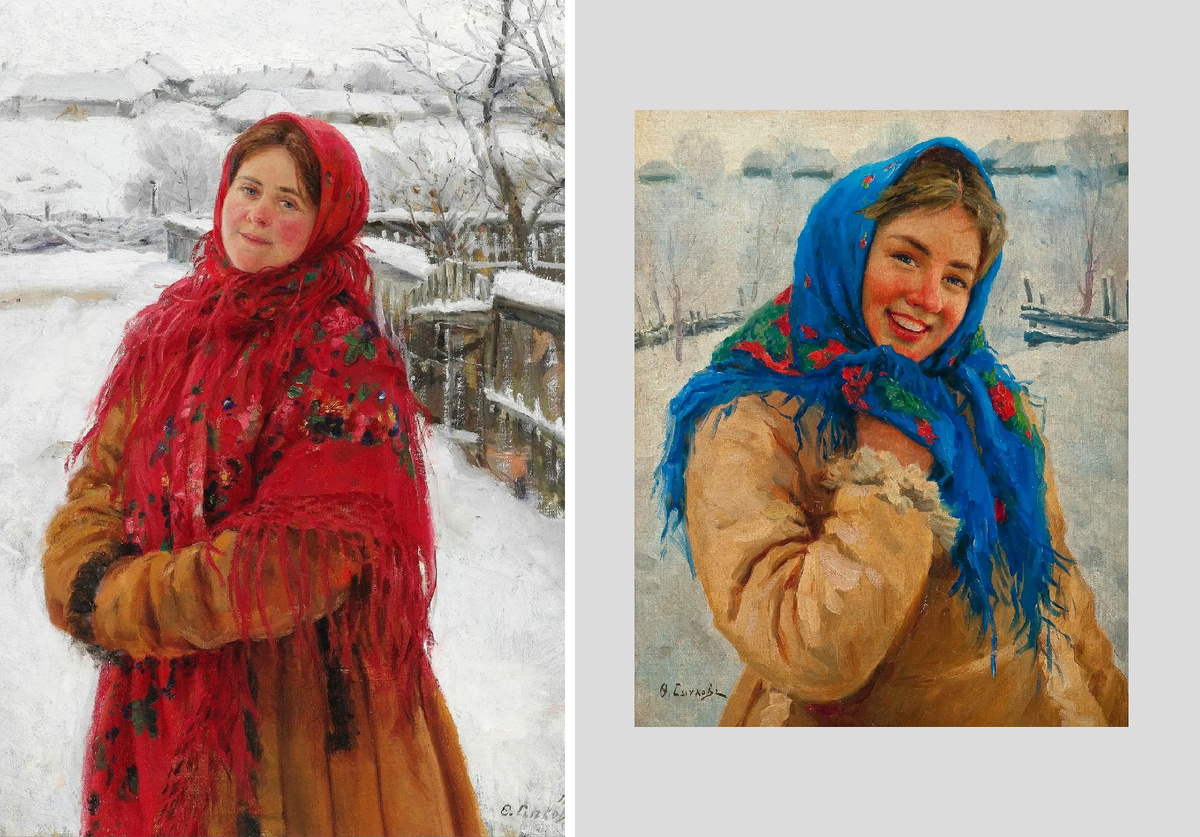 Федот Васильевич Сычков. "Русская женщина в красном платке" 1923 г.  Справа - "Девушка в синем платке" 1935 г. 