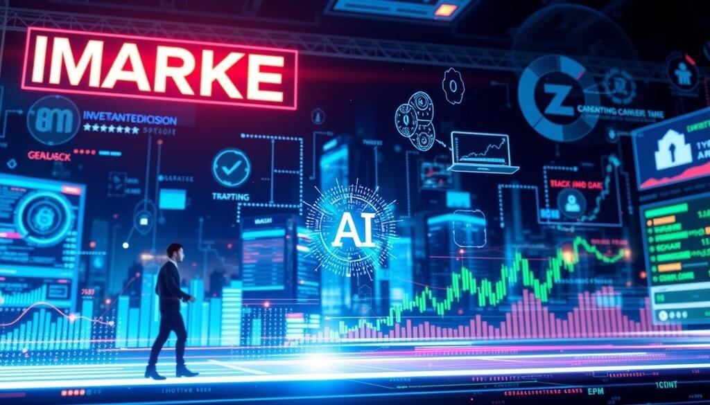    Иллюстрация, показывающая, как технологии влияют на финансовые решения, изображение современного рынка с цифровыми технологиями, акцент на элементах ИИ и инвестиций.