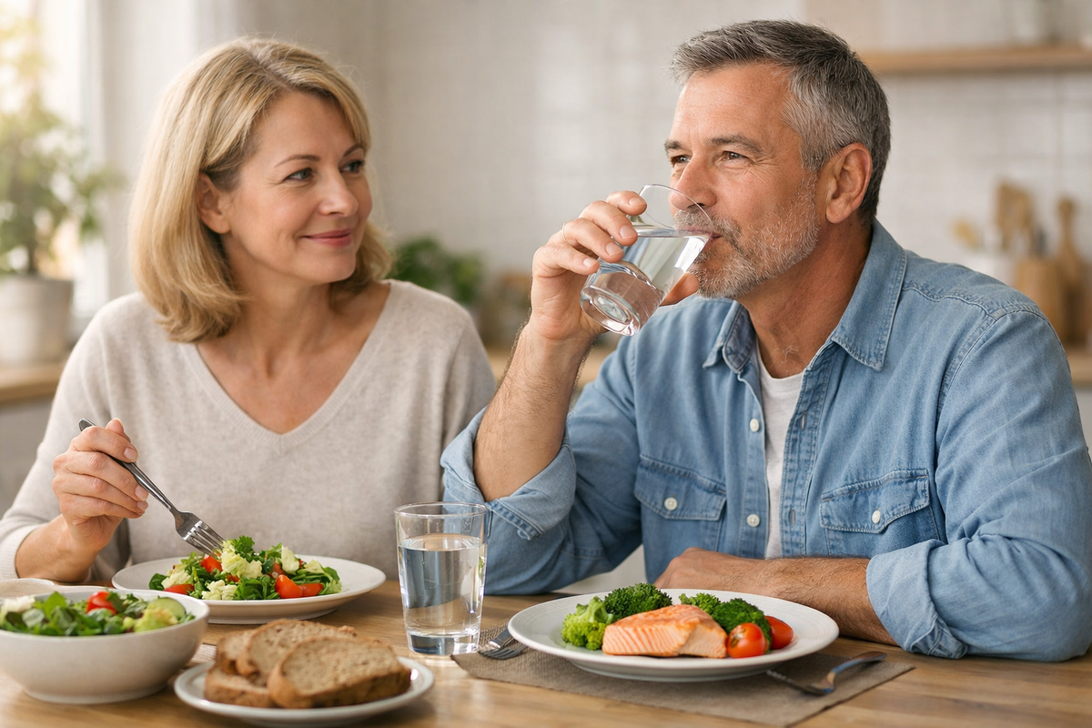 Мужчина запивает еду водой