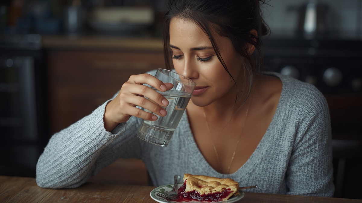 Женщина запивает пирог водой