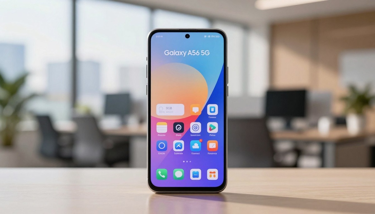 Стильный и современный смартфон Samsung Galaxy A56 5G светло-серого цвета, расположенный в центре переднего плана. На ярком экране устройства видны значки приложений, что подчеркивает его возможности в виде 8 ГБ оперативной памяти и 256 ГБ хранилища. На втором плане - слегка размытая городская среда, демонстрирующая современную офисную обстановку с тонкими намеками на технологии и инновации. На заднем плане изображен источник естественного света, проникающий через большое окно и отбрасывающий мягкие тени, которые придают пейзажу глубину и теплоту. Общее настроение - профессиональное и располагающее, что отражает представление о передовых технологиях и повседневном удобстве использования. Используйте крупный план, чтобы запечатлеть элегантные изгибы и детали смартфона, не пропуская при этом ни текста, ни надписей.