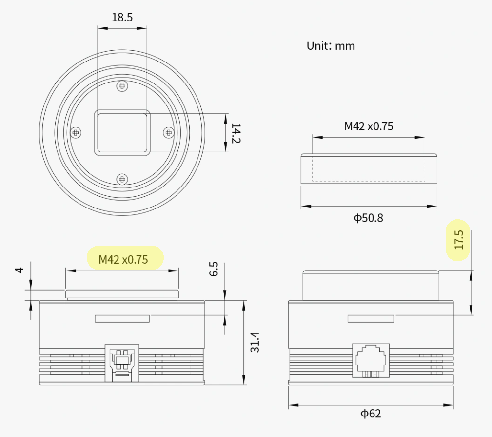 Схема с размерами для камеры ZWO ASI585MC
