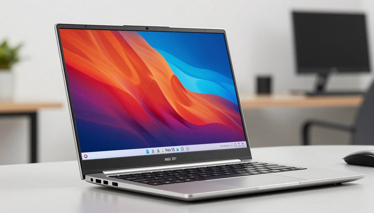 Изображение с высоким разрешением на 15,6-дюймовом IPS-дисплее, выполненном в элегантном современном дизайне, типичном для ноутбука MSI Thin 15 B13VE. Экран с разрешением 1920x1080 пикселей демонстрирует яркие визуальные эффекты, насыщенные цвета и четкие детали, что идеально подходит для приложений с интенсивной работой с графикой. На переднем плане обратите внимание на гладкие края ноутбука и металлическую отделку. Фон плавно размывается, создавая стильное рабочее пространство в стиле минимализма. Яркое естественное освещение подчеркивает четкость изображения на экране и точность цветопередачи. Едва заметное отражение на экране придает изображению глубину. Здесь царит профессиональная, но в то же время технологичная атмосфера, призванная продемонстрировать качество и производительность дисплея ноутбука.