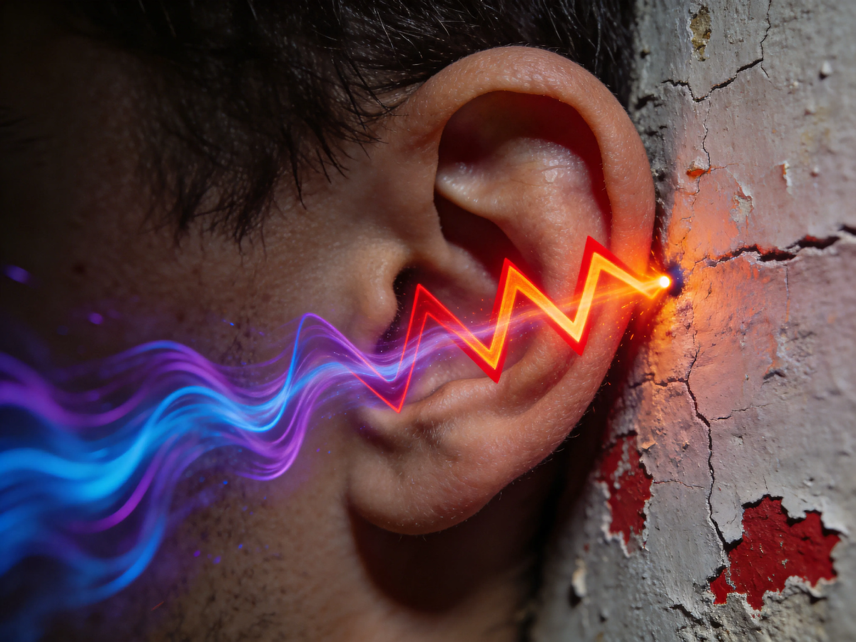 Вот как стена слышит ваших соседей. Красный зигзаг — это топот, синяя волна — это голос. Пробка и пенопласт для них — как сетка для воды.