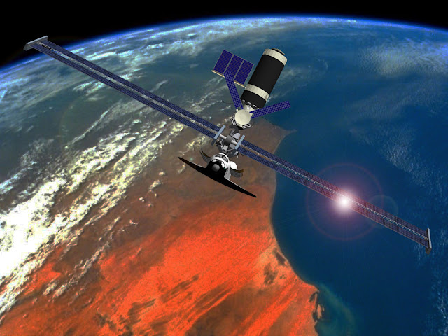 "Спейс шаттла" состыкованный с космической станцией "Скайлэб" которая имеет в соем составе энергетический модуль.