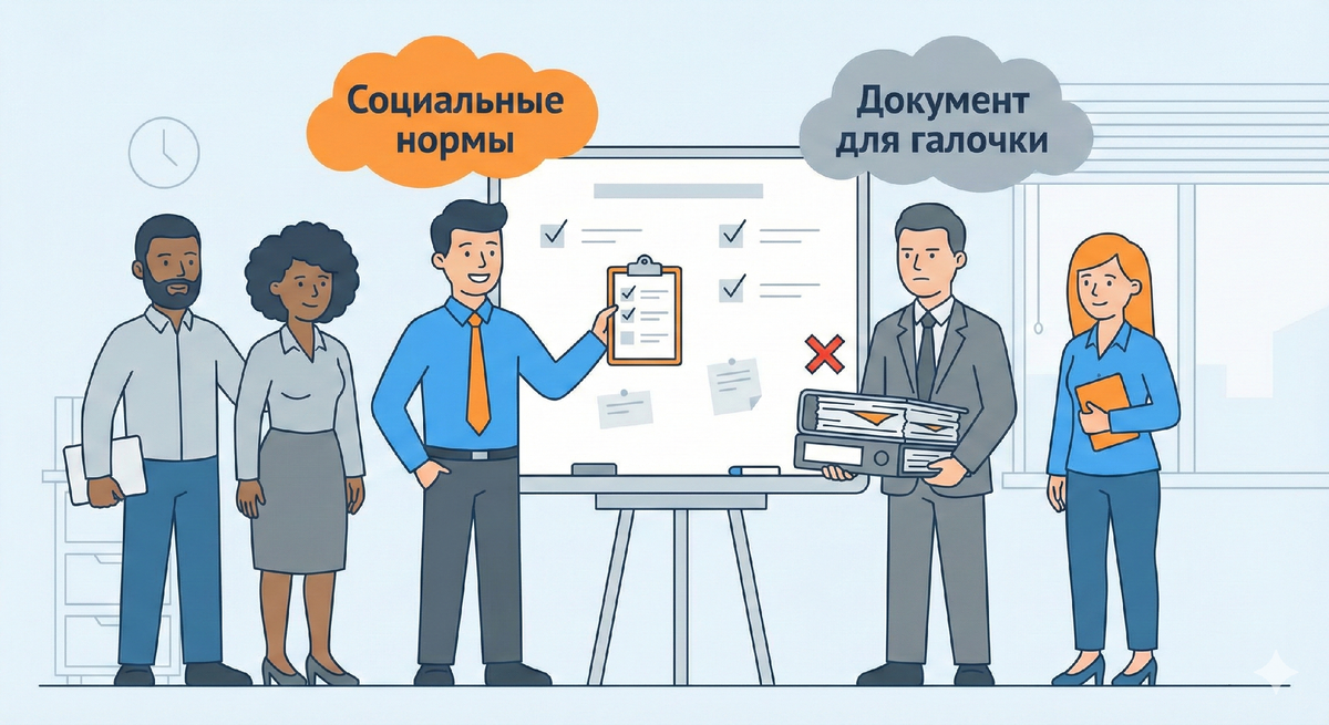 Сравнение социальных норм команды и формального документа для галочки