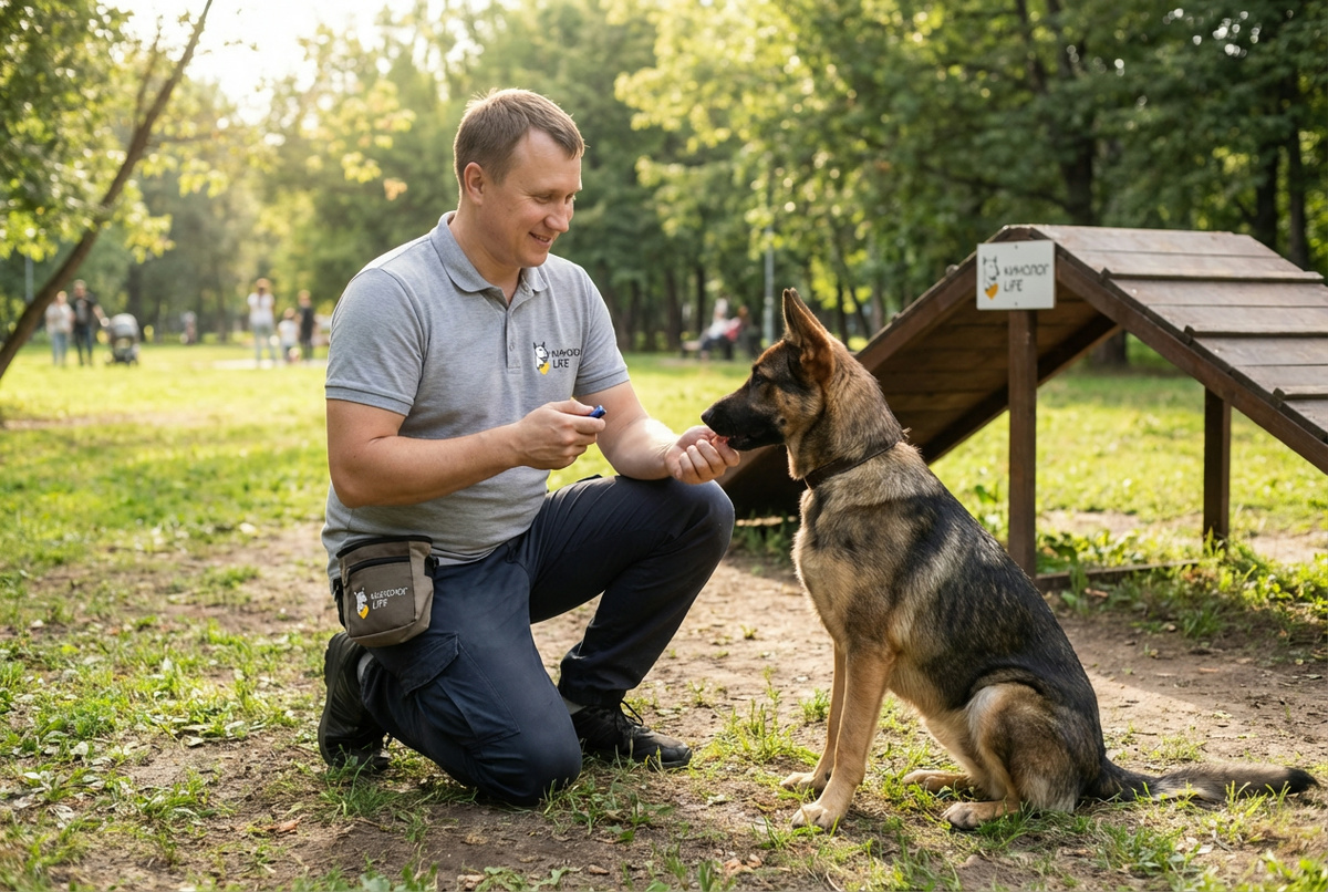 Собака демонстрирует различные формы поведения на прогулке
