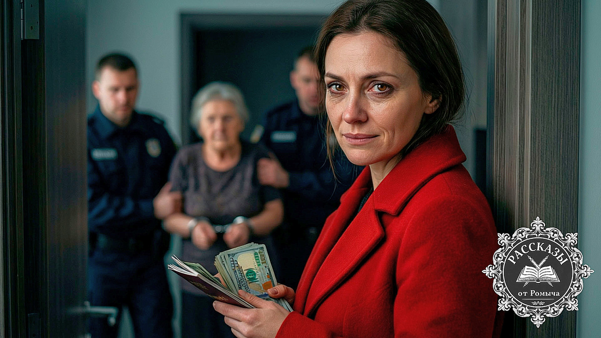 Женщина в красном пальто с уликами в руках на фоне задержания свекрови