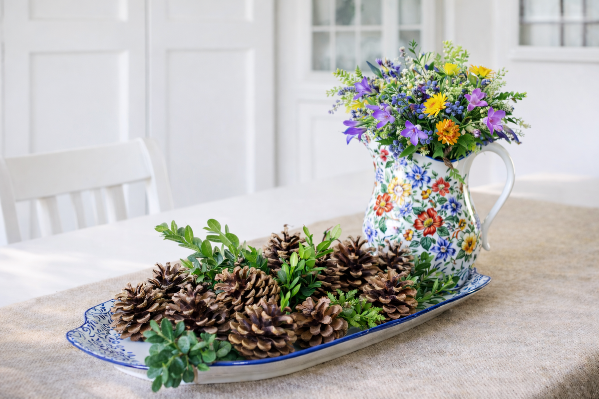 Блюдо с шишками и зеленью в качестве декора