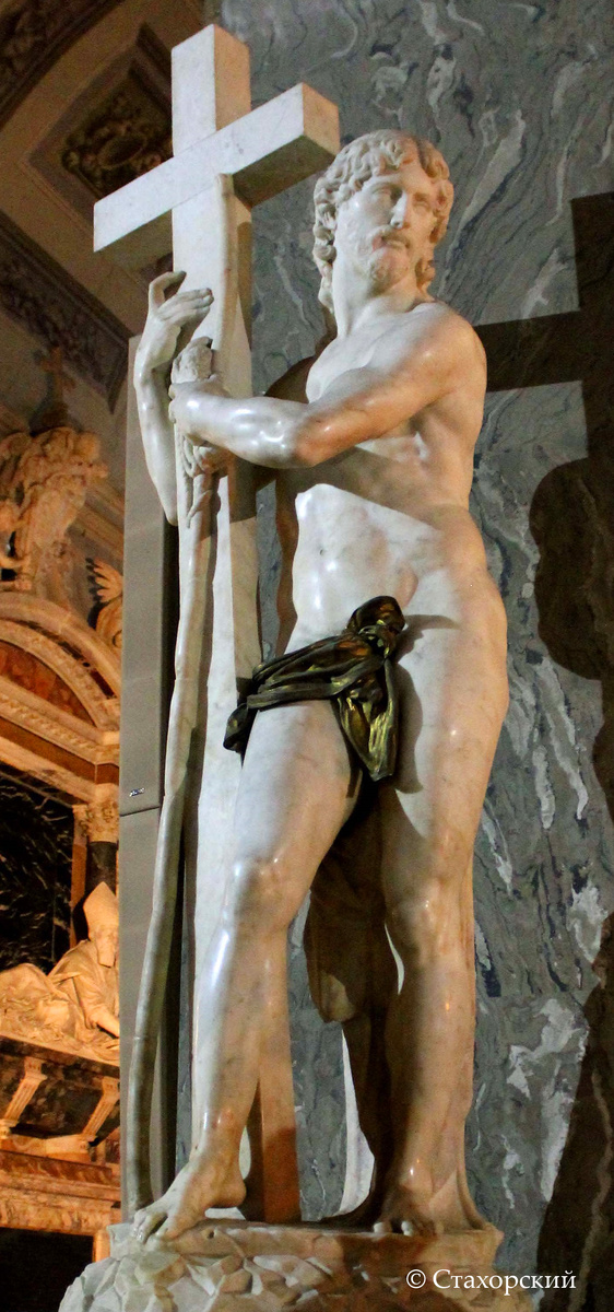 Микеланджело. «Христос с крестом», 1519–1521 годы. Базилика Санта Мария сопра Минерва, Рим. В оригинале Христос был изображен полностью обнаженным; набедренная повязка добавлена в ХVII веке
