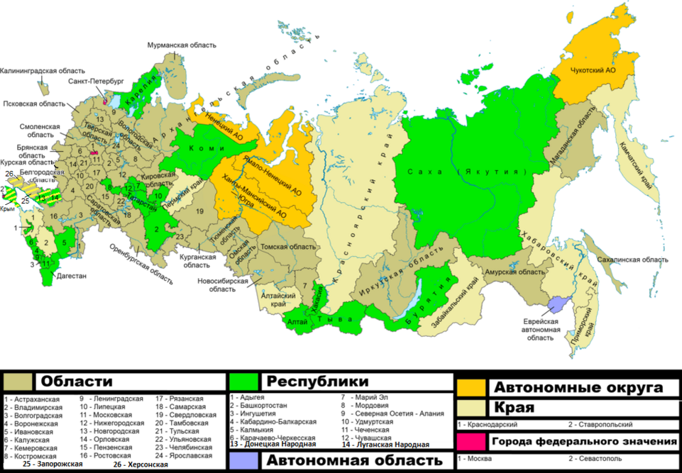 Административные центры субъектов Российской Федерации.