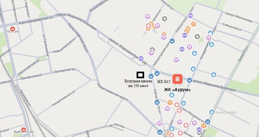 Карта - расположение ЖК Аурум от РСТИ относительно метро Лесная, метро Выборгская в Санкт-Петербурге
