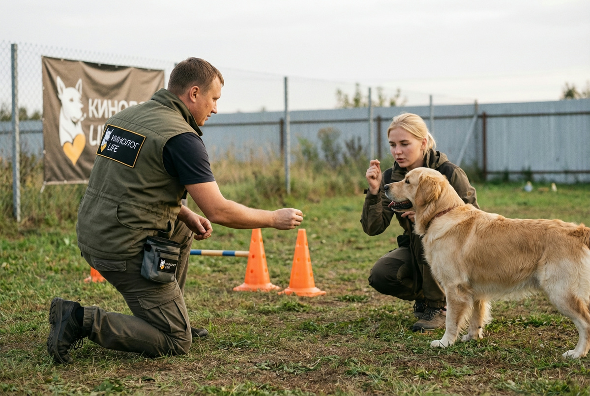 Щенок учится основным командам на первом занятии по дрессировке