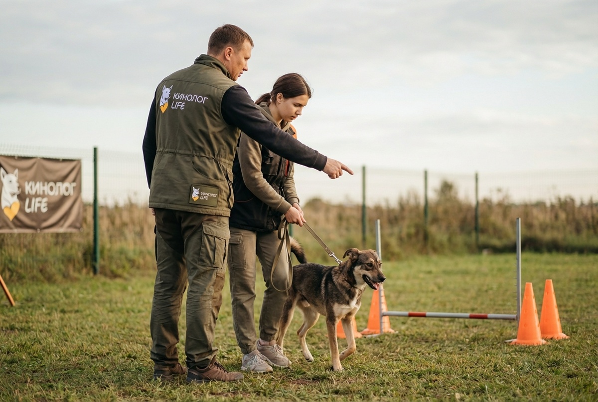 Собака спокойно идёт рядом с хозяином на натянутом поводке